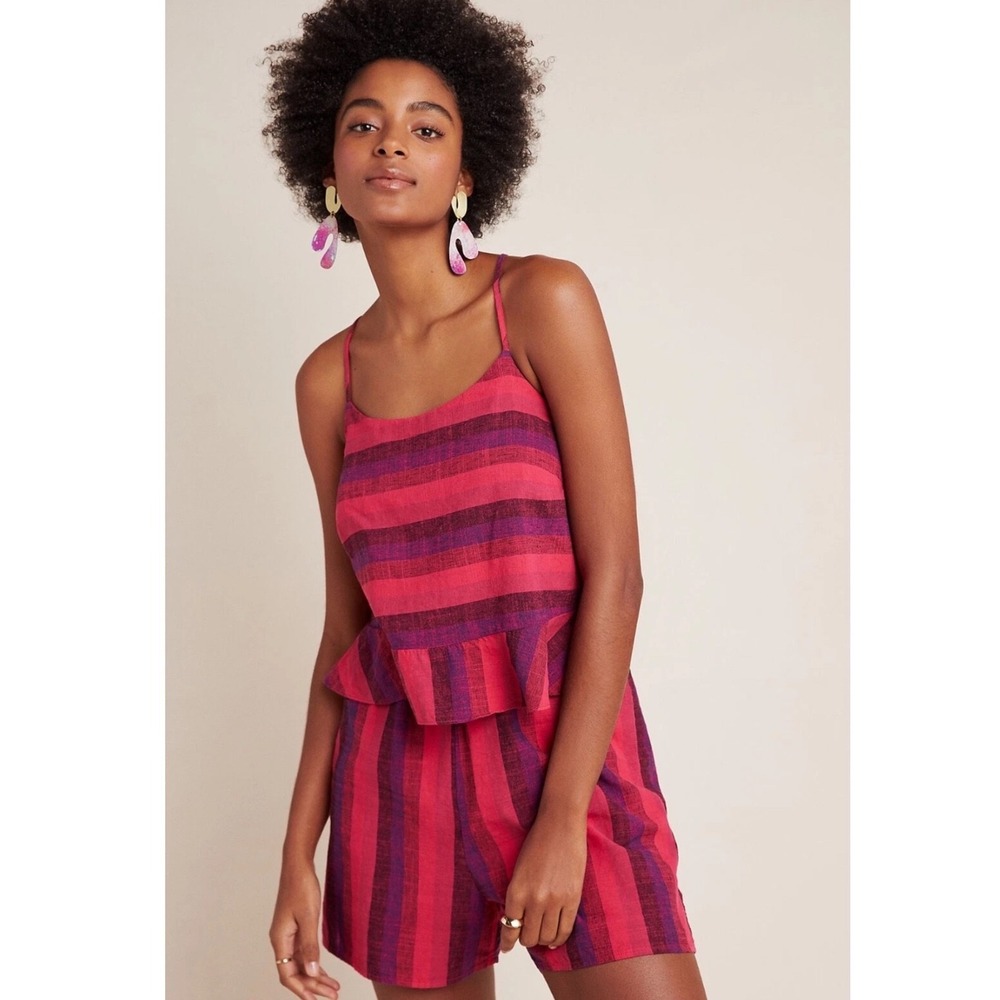 Anthropologie MELIA AMADI Women Pink Purple Striped Ruffle Overlay Romper Small